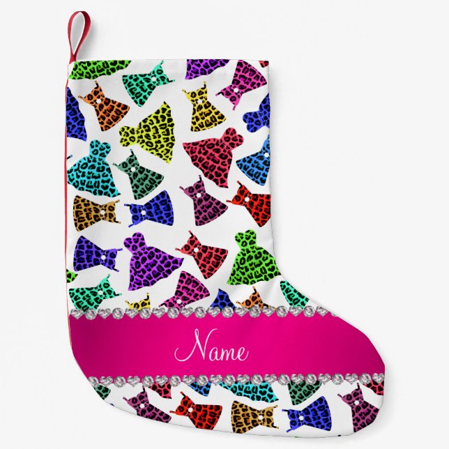 Personalised name white rainbow leopard dresses small christmas stocking (Front)