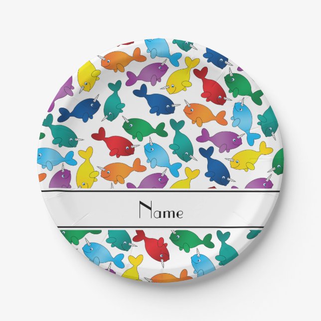 Personalised name white rainbow narwhals paper plate (Front)