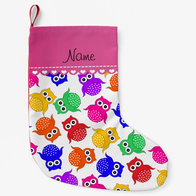Personalised name white rainbow owls small christmas stocking (Front)