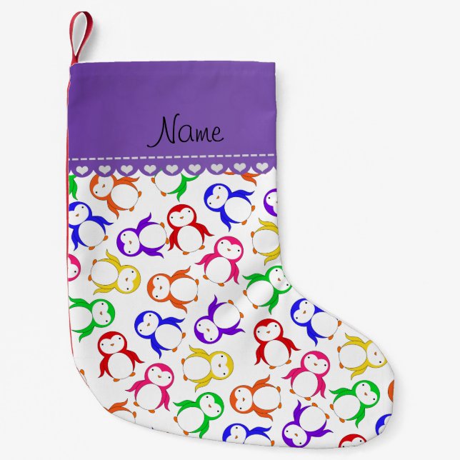 Personalised name white rainbow penguins small christmas stocking (Front)