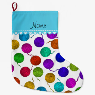 Personalised name white rainbow yarn balls large christmas stocking