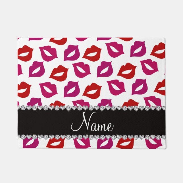 Personalised name white red pink lips doormat (Front)