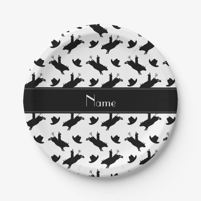 Personalised name white rodeo bull riding pattern paper plate (Front)