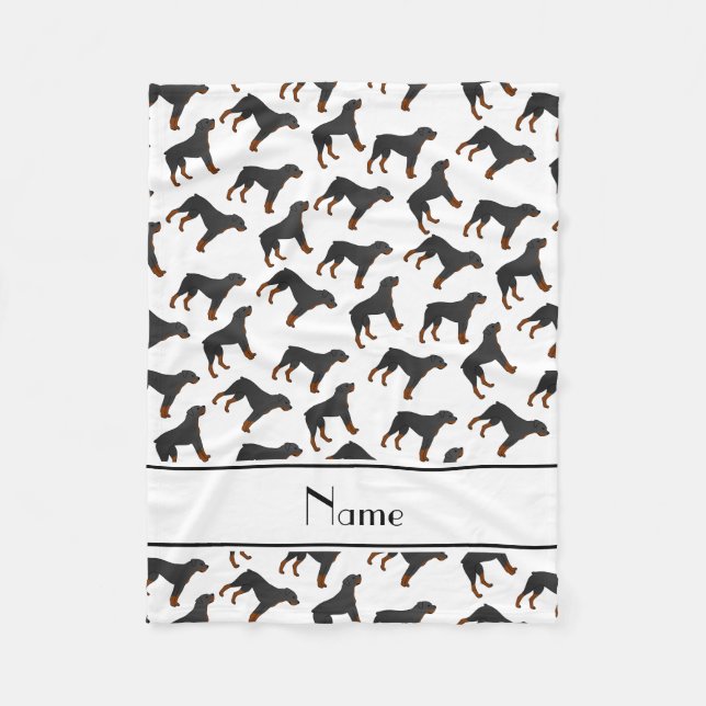 Personalised name white rottweiler dog pattern fleece blanket (Front)