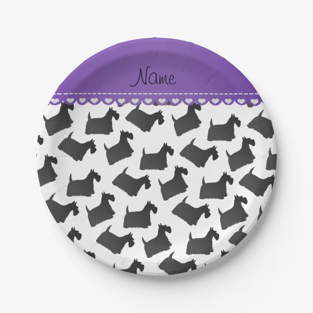 Personalised name white scottish terrier dogs paper plate (Front)