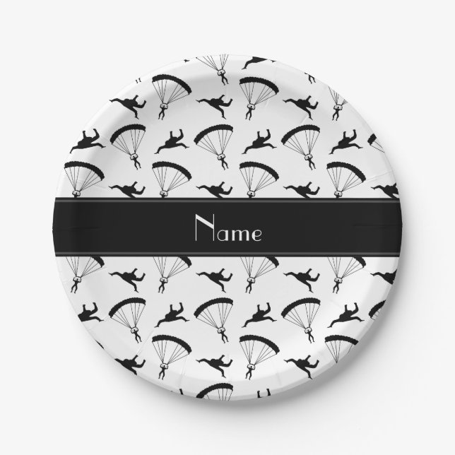 Personalised name white skydiving pattern paper plate (Front)