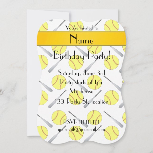 Personalised name white softball pattern invitation (Front)