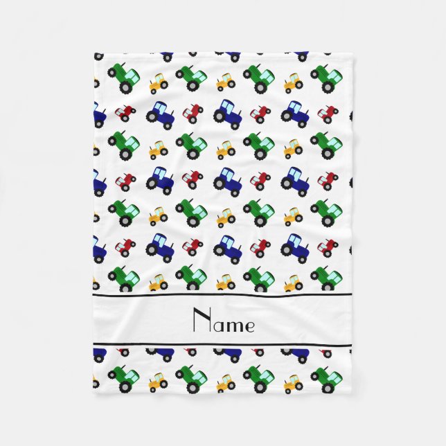 Personalised name white tractors fleece blanket (Front)