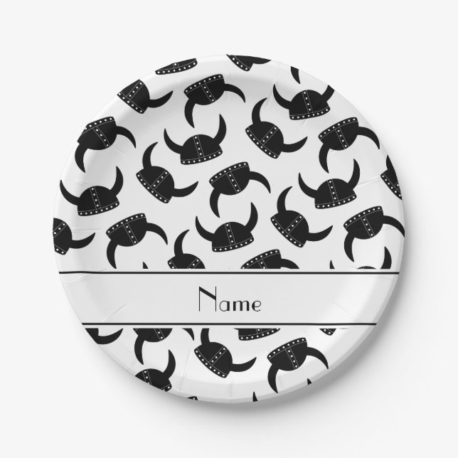 Personalised name white viking hat pattern paper plate (Front)