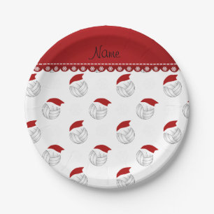 Personalised name white volleyballs santa hats paper plate