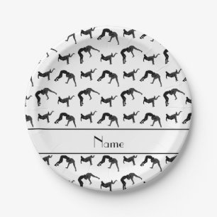Personalised name white wrestling silhouettes paper plate