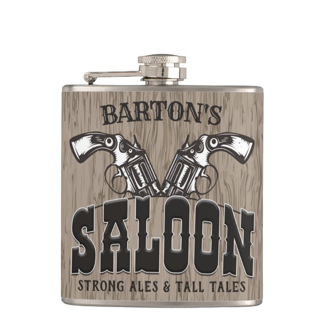 Personalised NAME Wild West Gun Revolver Saloon Hip Flask (Front)
