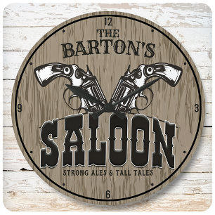 Personalised NAME Wild West Gun Revolver Saloon Large Clock