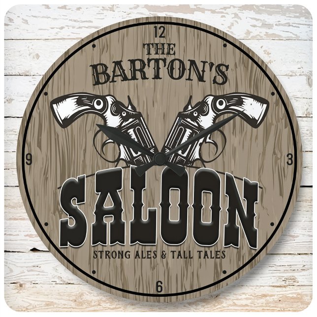 Personalised NAME Wild West Gun Revolver Saloon Large Clock (Creator Uploaded)