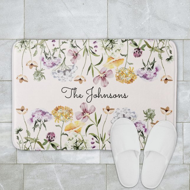 Personalised Name Wildflower Garden Bath Mat (In situ bathroom floor)