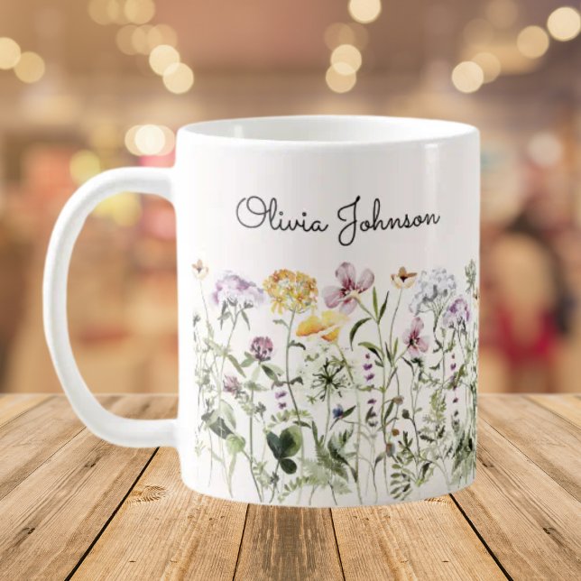 Personalised Name Wildflower Garden Coffee Mug (Close up, On the table)
