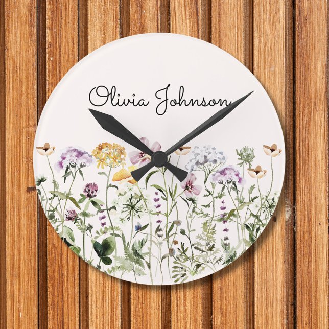 Personalised Name Wildflower Garden Round Clock (In situ wall)