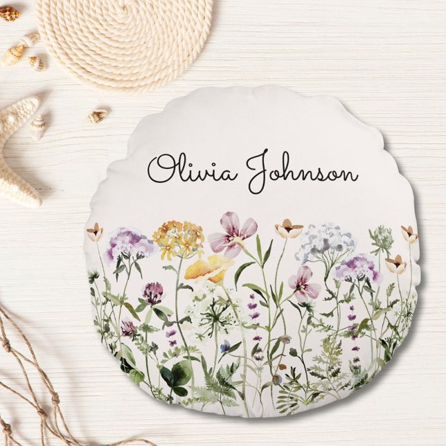 Personalised Name Wildflower Garden Round Cushion (In situ)