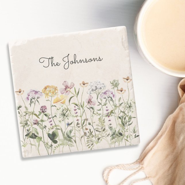 Personalised Name Wildflower Garden Stone Coaster (In situ)