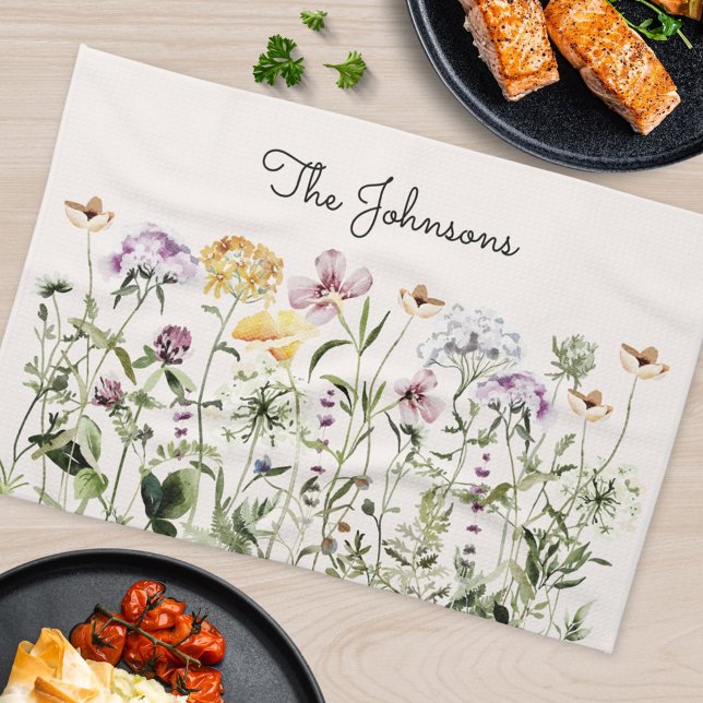 Personalised Name Wildflower Garden Tea Towel (In situ Kitchen Table)