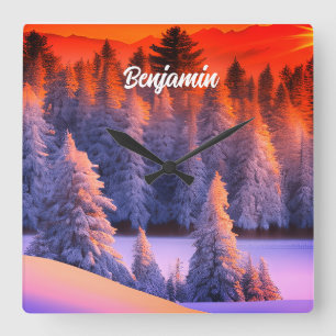 Personalised name Winter Forest Sunrise Theme Square Wall Clock
