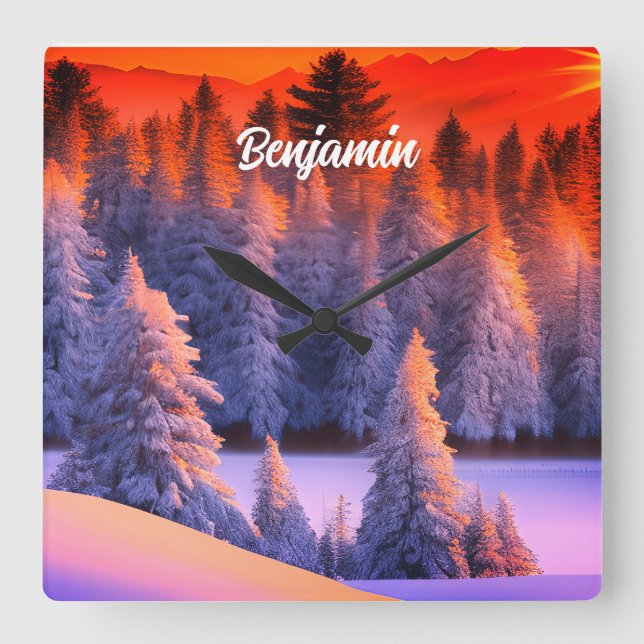 Personalised name Winter Forest Sunrise Theme Square Wall Clock (Front)