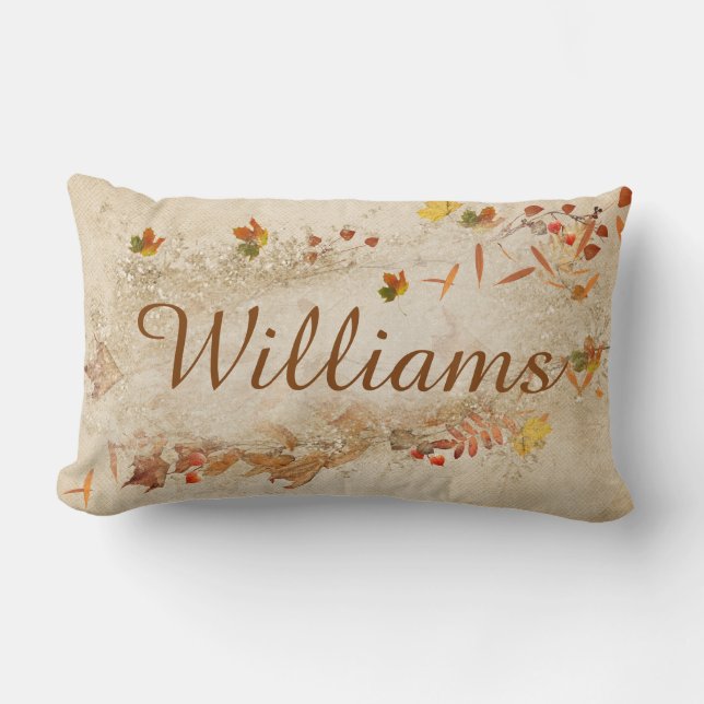 personalised name with autumn with leaves lumbar cushion (Front)