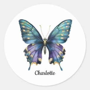 Personalised Name with Blue Butterfly Classic Roun Round Sticker