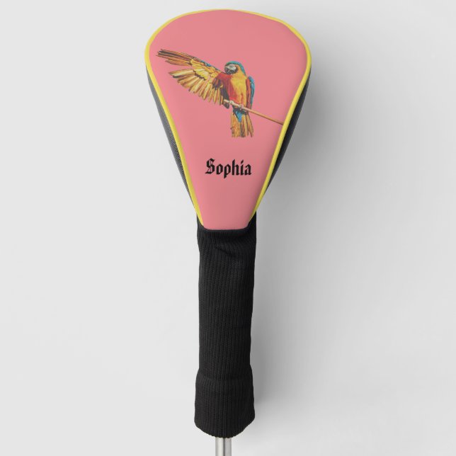 Personalised Name with parrot macaw bird pink Golf Head Cover (Front)