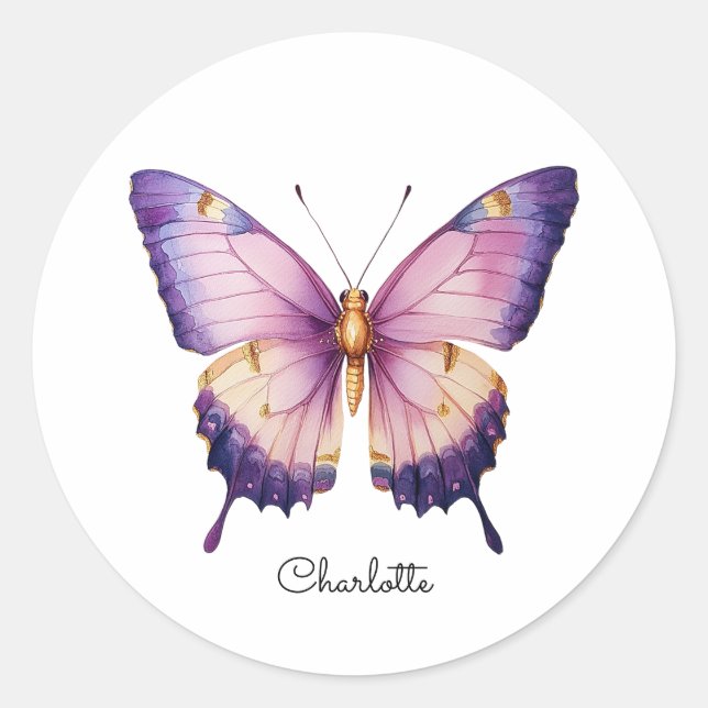 Personalised Name with Pink Butterfly Classic Round Sticker (Front)