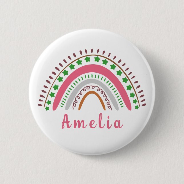 Personalised Name with Whimsical Boho Rainbow  6 Cm Round Badge (Front)