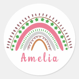 Personalised Name with Whimsical Boho Rainbow Classic Round Sticker