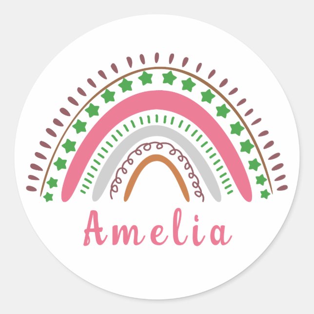 Personalised Name with Whimsical Boho Rainbow  Classic Round Sticker (Front)
