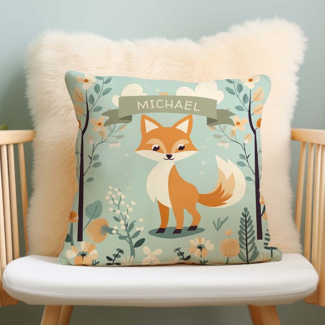 Personalised Name Woodland Fox, Boy Nursery Cushion (woodland fox, baby boy nursery pillow)