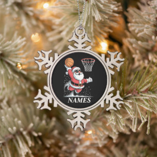 Personalised Name Xmas Santa Dunking Basketball Snowflake Pewter Christmas Ornament