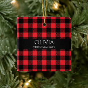 Personalised Name Year Buffalo Plaid  Ceramic Ornament