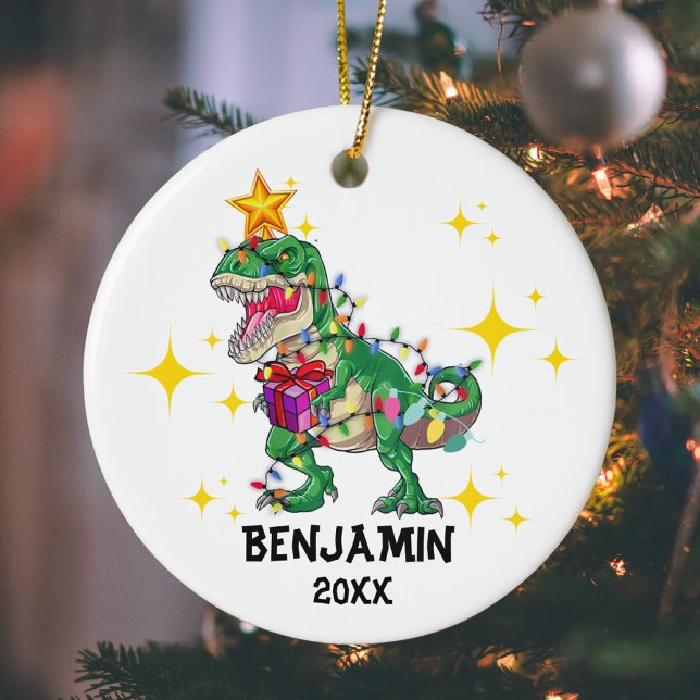 Personalised Name Year Dinosaur Christmas Boy Ceramic Ornament (Creator Uploaded)
