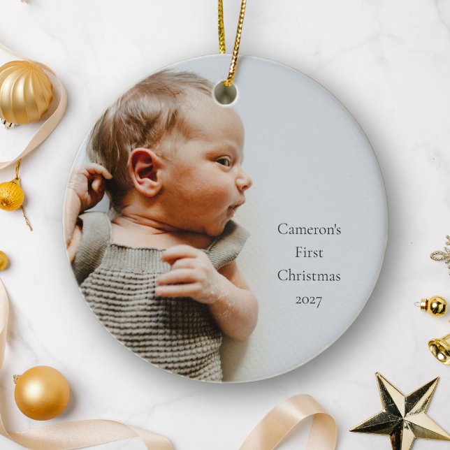 Personalised Name Year First Christmas Baby Photo Ceramic Ornament (Creator Uploaded)