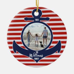 Personalised Name & Year Red White & Blue Anchor Ceramic Ornament