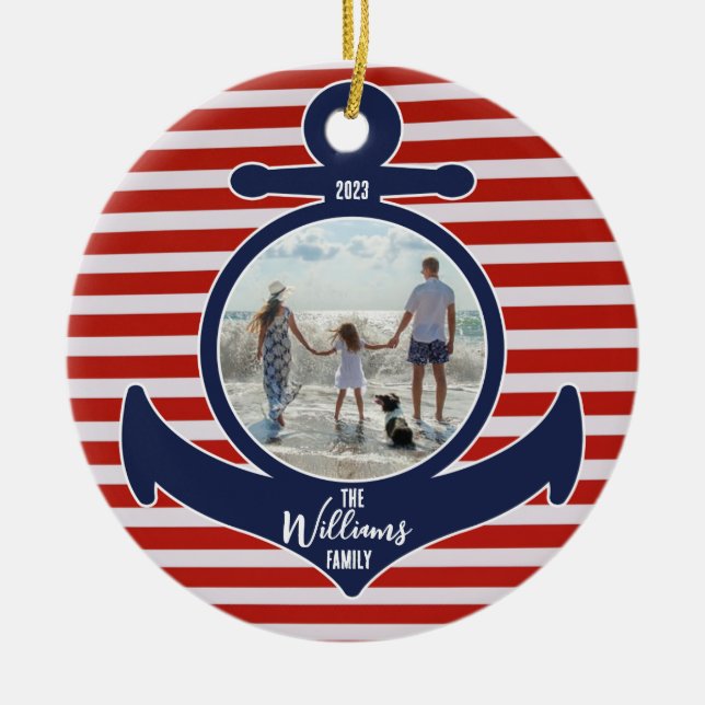 Personalised Name & Year Red White & Blue Anchor Ceramic Ornament (Front)