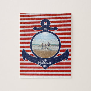 Personalised Name & Year Red White & Blue Anchor Jigsaw Puzzle