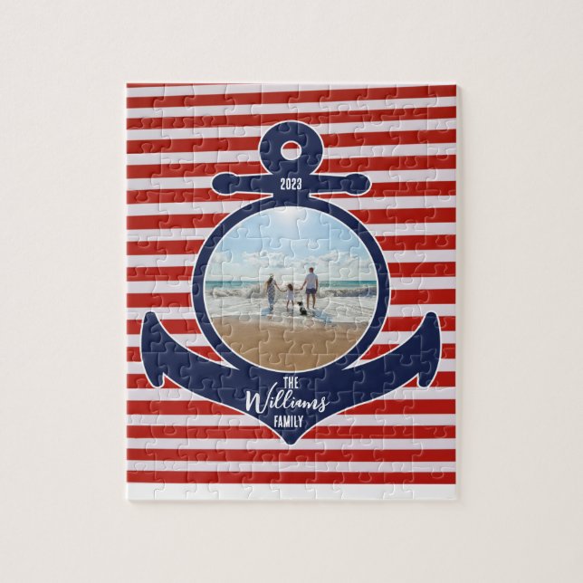 Personalised Name & Year Red White & Blue Anchor Jigsaw Puzzle (Vertical)