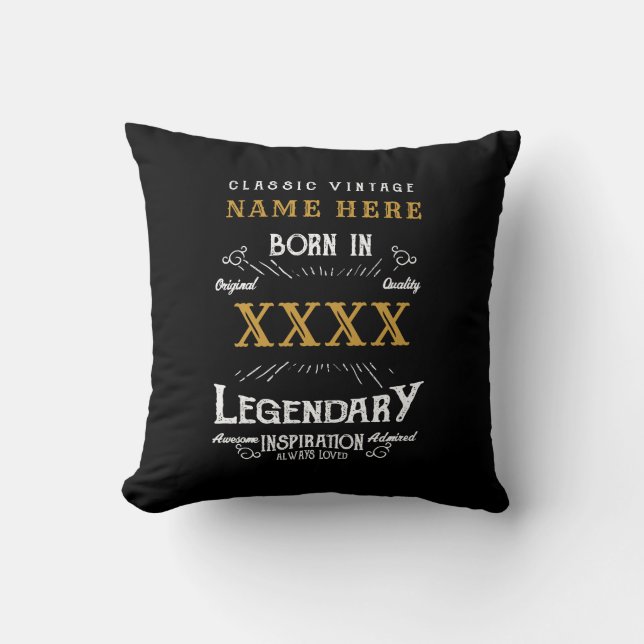 Personalised Name Year Retro Legend Black Birthday Cushion (Front)