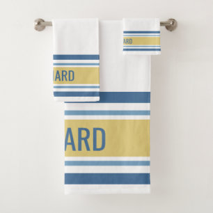 Personalised Name Yellow And Blue Striped Bath Towel Set