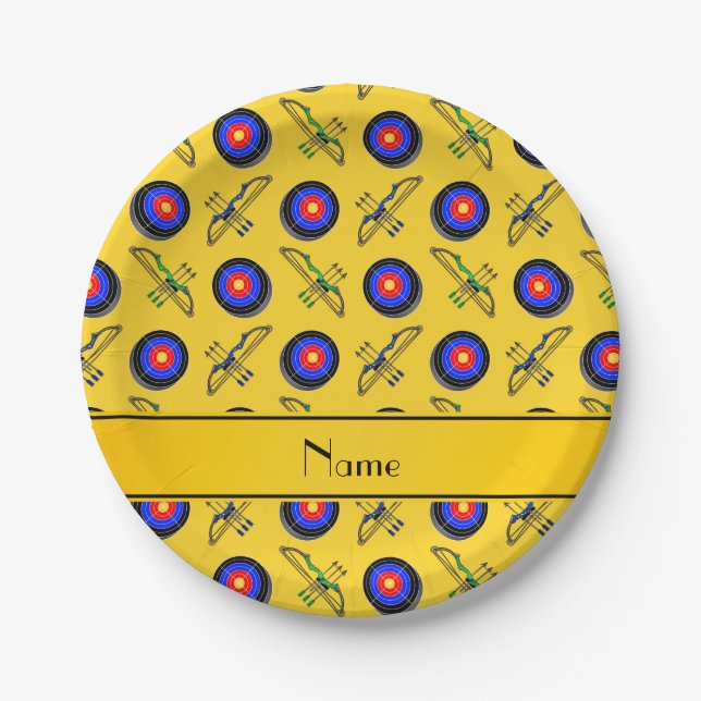 Personalised name yellow archery paper plate (Front)