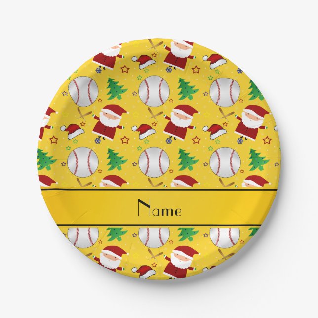 Personalised name yellow baseball christmas paper plate (Front)