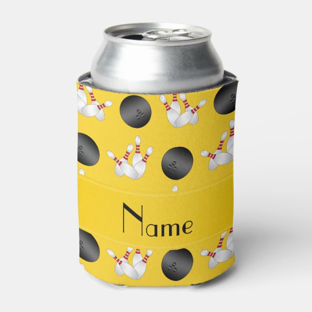 Personalised name yellow bowling pattern can cooler (Can Front)