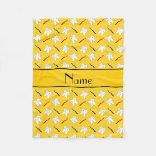 Personalised name yellow brushes and tooth pattern fleece blanket