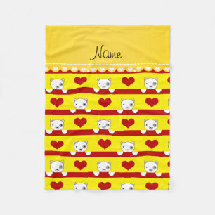 Personalised name yellow cats red hearts stripes fleece blanket