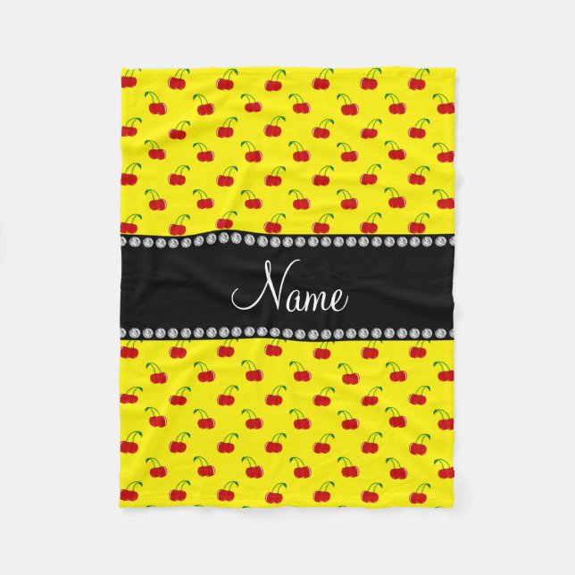 Personalised name yellow cherry pattern fleece blanket (Front)